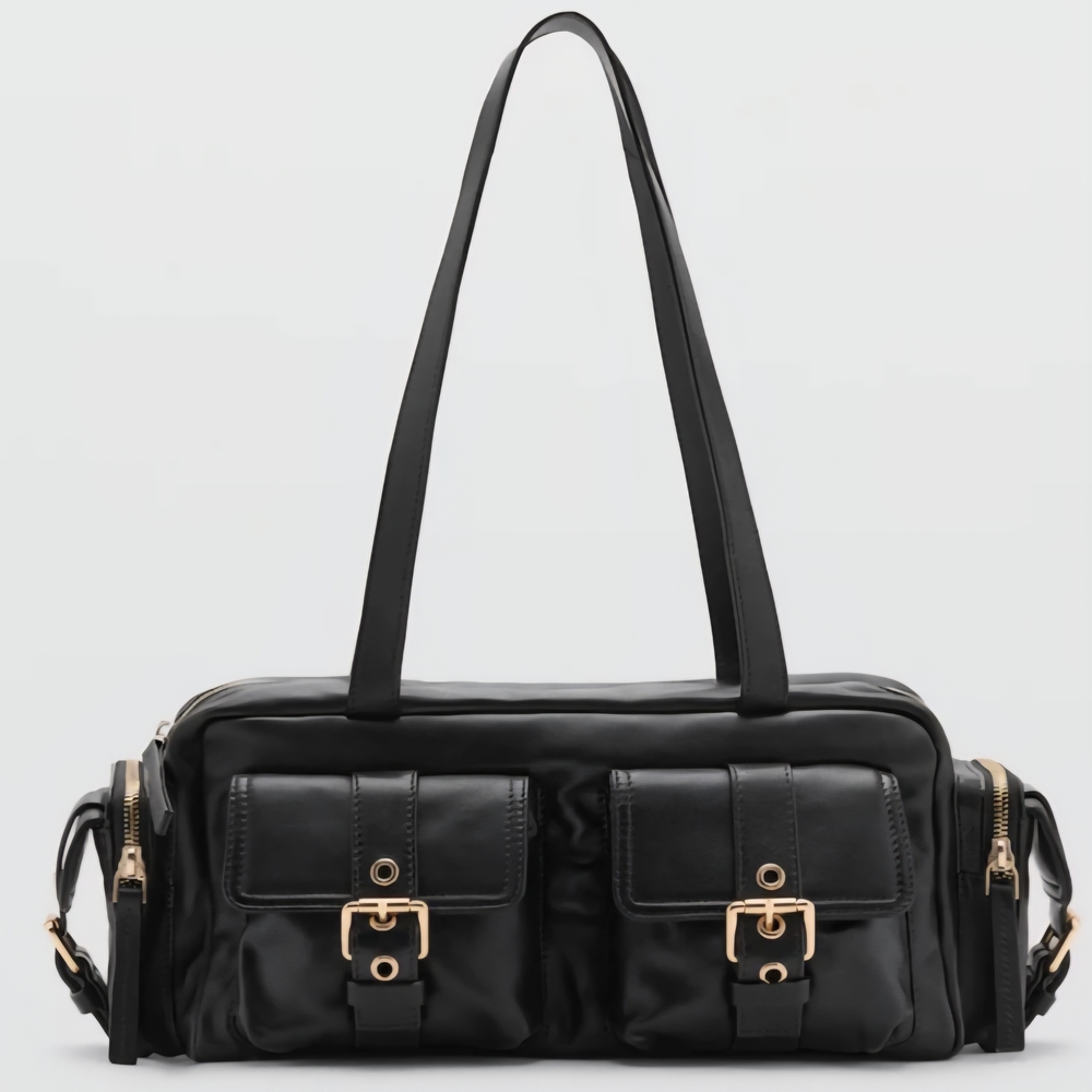 Black Leather Multi Pocket Shoulder Bag